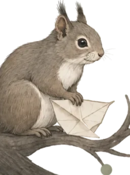 A squirrel holding a folded letter on a branch