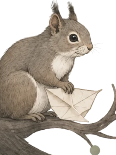 A squirrel holding a folded letter on an ink branch